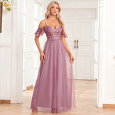 Elegant Off The Shoulder Strap Sleeve Double V Neck Tulle Stitching Embroidered Sequ A Swing Long Party Evening Dress